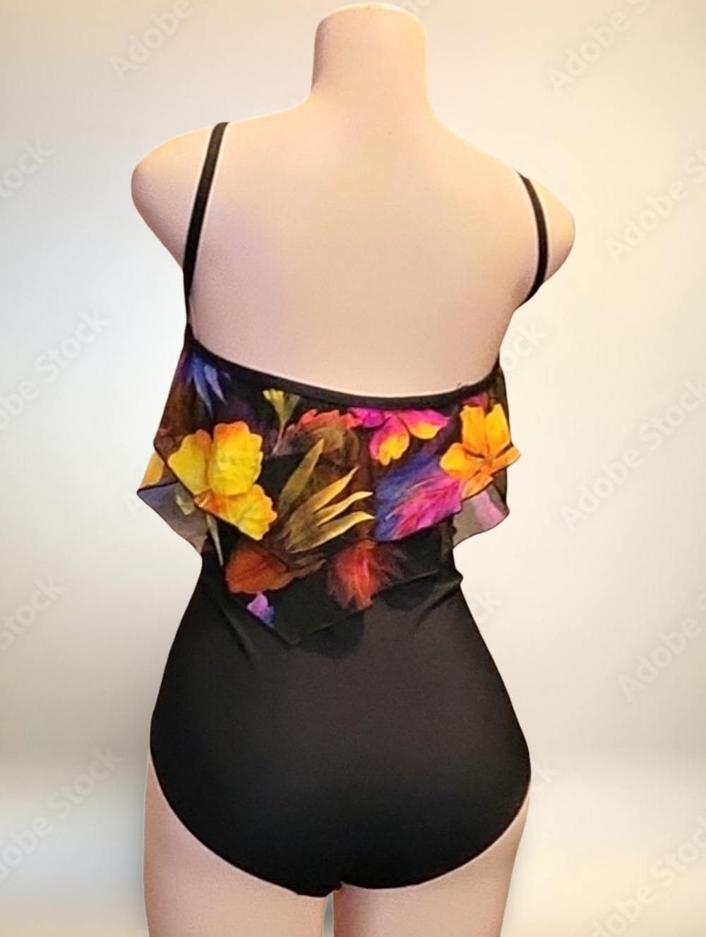 Vintage Longitude Black Floral One Piece Swimsuit Plus Size 20W Spaghetti Strap - Picture 5 of 10